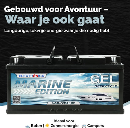 Electronicx GEL 12V 140Ah Marine Edition Deep Cycle accu – onderhoudsvrij en lekvrij – voor camper, boot, jacht – 393×175×190 mm – vrijetijdsaccu – pluspool rechts