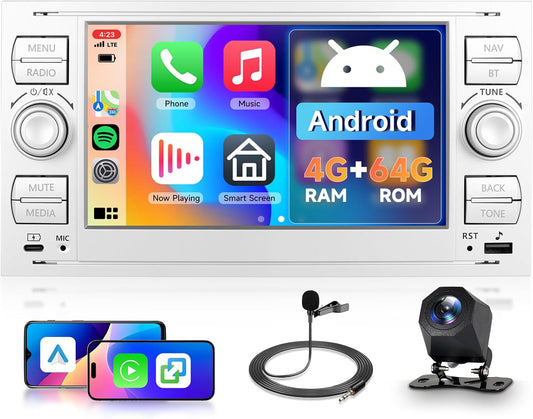 Hodozzy 4G + 64G Android Car Radio for Ford Focus Fiesta Transit Galaxy Mondeo Fusion Kuga C-MAX S-MAX Connect with Carplay Android Auto, 7 Inch Car Radio Screen with Navigation Bluetooth WiFi, DSP FM - QUORE