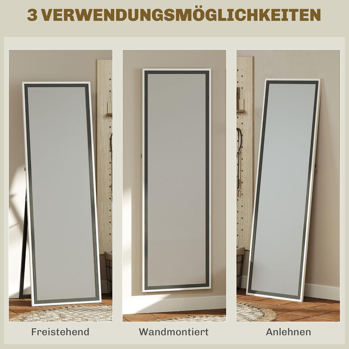 HOMCOM Ganzkörperspiegel 162.5 x 53.5 cm Standspiegel mit Ständer, Wall Mirror für Wohnzimmer, Schlafzimmer, Ankleidungsraum Grau+Weiß - QUORE