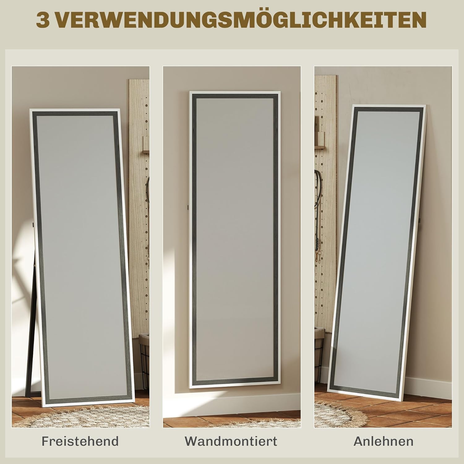 HOMCOM Ganzkörperspiegel 162.5 x 53.5 cm Standspiegel mit Ständer, Wall Mirror für Wohnzimmer, Schlafzimmer, Ankleidungsraum Grau+Weiß - QUORE
