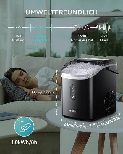 EUHOMY IJsblokjesmachine, 15 kg/24 uur, productie in 6 minuten, crushed ice maker, nuggets Ice, automatische reiniging, 120 W tafel-ijsblokjesmachine, infraroodsensor, energiezuinig, zwart