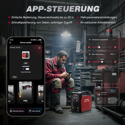 ARCCAPTAIN MIG205MP 9-in-1 iControl App-besturing MIG‑lasapparaat, plasmasnijder, puls‑MIG/flux‑core/spool gun/DC HF/Lift TIG/Clean/MMA‑aluminium lasapparaat, 230 V, meervoudig lasapparaat
