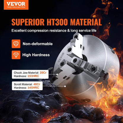 VEVOR 3-Jaw Self Centering Chuck, 10", 0.24-9.84in/6-250mm Clamping Range, With T-Key Fixing Screws Hexagonal Wrench, For Lathe 3D Printer Machining Center