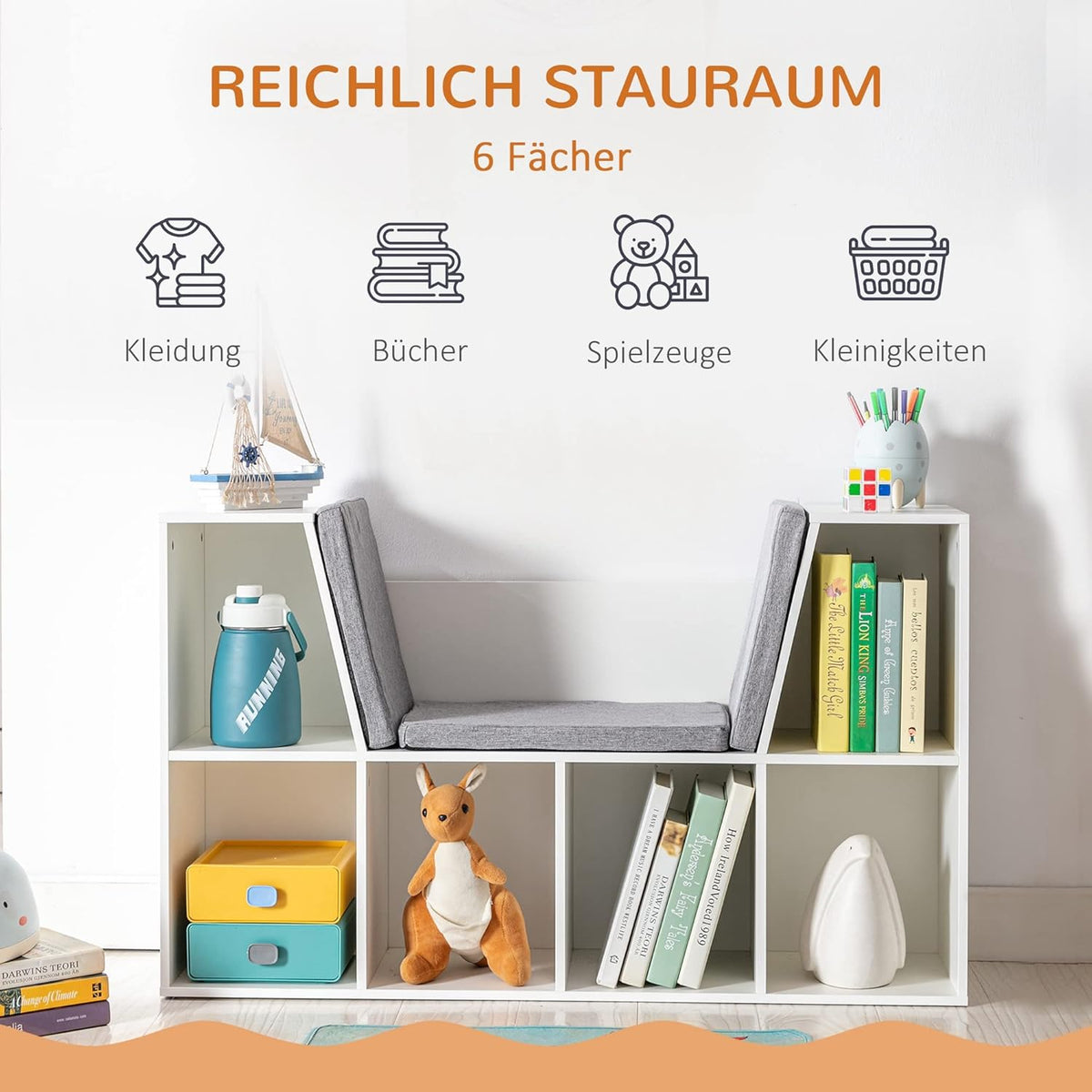 HOMCOM Children's Shelf Bookshelf with Stool Children's Bench with 6 Compartments Seat Box with 3 Cushions Toy Box from 3 Years Foam White + Grey 103 x 30 x 60 cm - QUORE