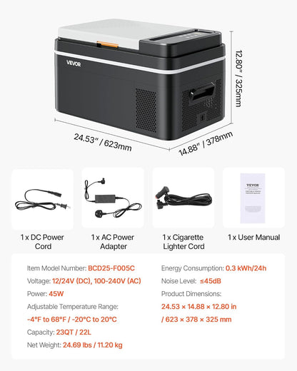 VEVOR Beschermende elektrische koelkast voor auto, draagbare mini-koelkast, warme en koude functie, inhoud 22 l, werking DC 12 V 24 V, AC van 100 V tot 240 V, instelbare temperatuur voor vrachtwagen