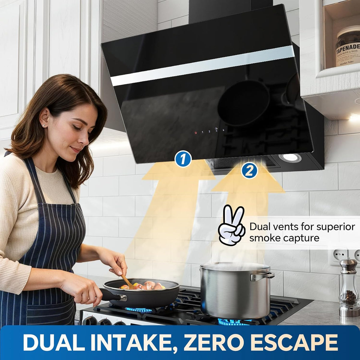 TopStrong Afzuigkap 60 cm, 800 m³/h afzuigkap convectie/afvoerlucht met actieve koolfilter, A+++, stille kopvrijkap met ledverlichting, wandkappen 3 standen + booster touchscreen, borstelloze motor
