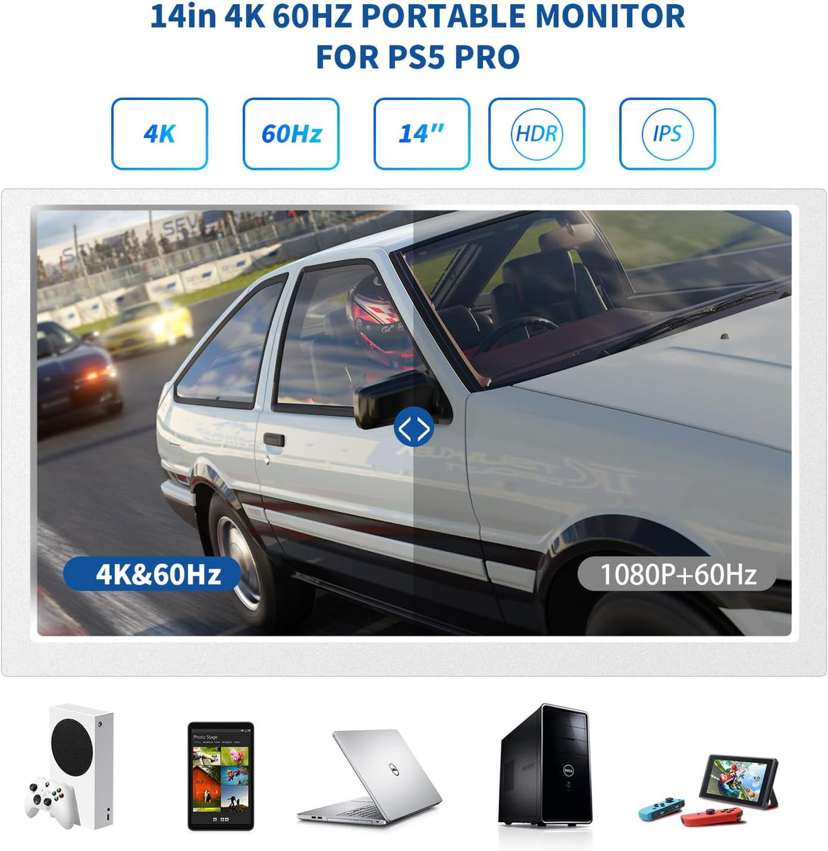 G-STORY Portable monitor for games 14 inch IPS 4K 60Hz with integration for PS5 Pro (PS5 Pro not included) 3840 × 2160 with 2 HDMI ports, FreeSync, 2 integrated stereo multimedia speakers - QUORE