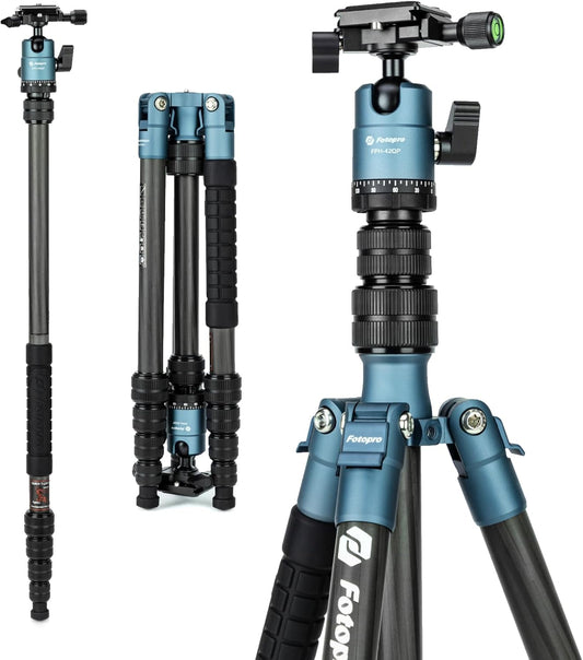 Fotopro 62 inch koolstofvezel reisstatief, compact camerastatief met kogelkop, afneembare monopod met Arca-Swiss snelkoppelingsplaat en tas, belastbaar tot 8 kg/17,63 lbs, blauw