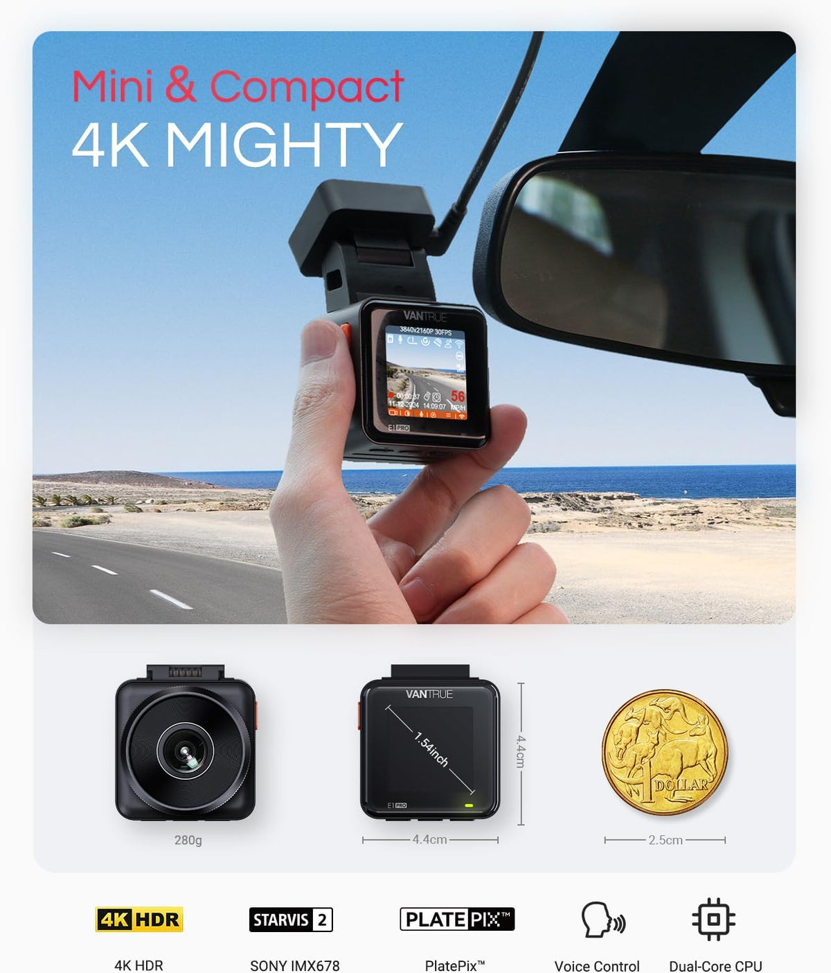 VANTRUE E1 Pro 4K Mini Dash Cam Voorkant, STARVIS 2 Plate Pix™ HDR Nachtzicht Autocamera, Ingebouwde 5G WiFi GPS, 1,54'' scherm, LTE-ondersteuning, Spraakbesturing, 24H Gebufferde Parkeermodus, On