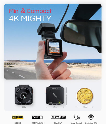 VANTRUE E1 Pro 4K Mini Dash Cam Voorkant, STARVIS 2 Plate Pix™ HDR Nachtzicht Autocamera, Ingebouwde 5G WiFi GPS, 1,54'' scherm, LTE-ondersteuning, Spraakbesturing, 24H Gebufferde Parkeermodus, On