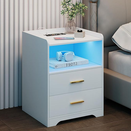 Nachtkastje – Bijzettafel – Bedkastje – Bedzijtafel – Ladeblok – RGB LED-verlichting – Draadloze Oplaadfunctie – MDF Hout – 2 Laden – Bewegingssensor – Wit - QUORE