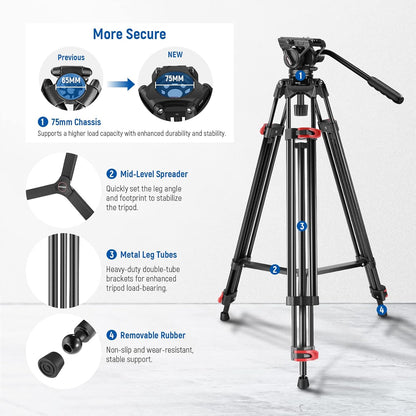 NEEWER 74 inch Pro videostatief met vloeistofkop, robuust aluminium statief met 360° draaibare en 160° kantelkop, QR-plaat compatibel met Manfrotto 501, diameter 75 mm schotelbasis voor DSLR-camera,