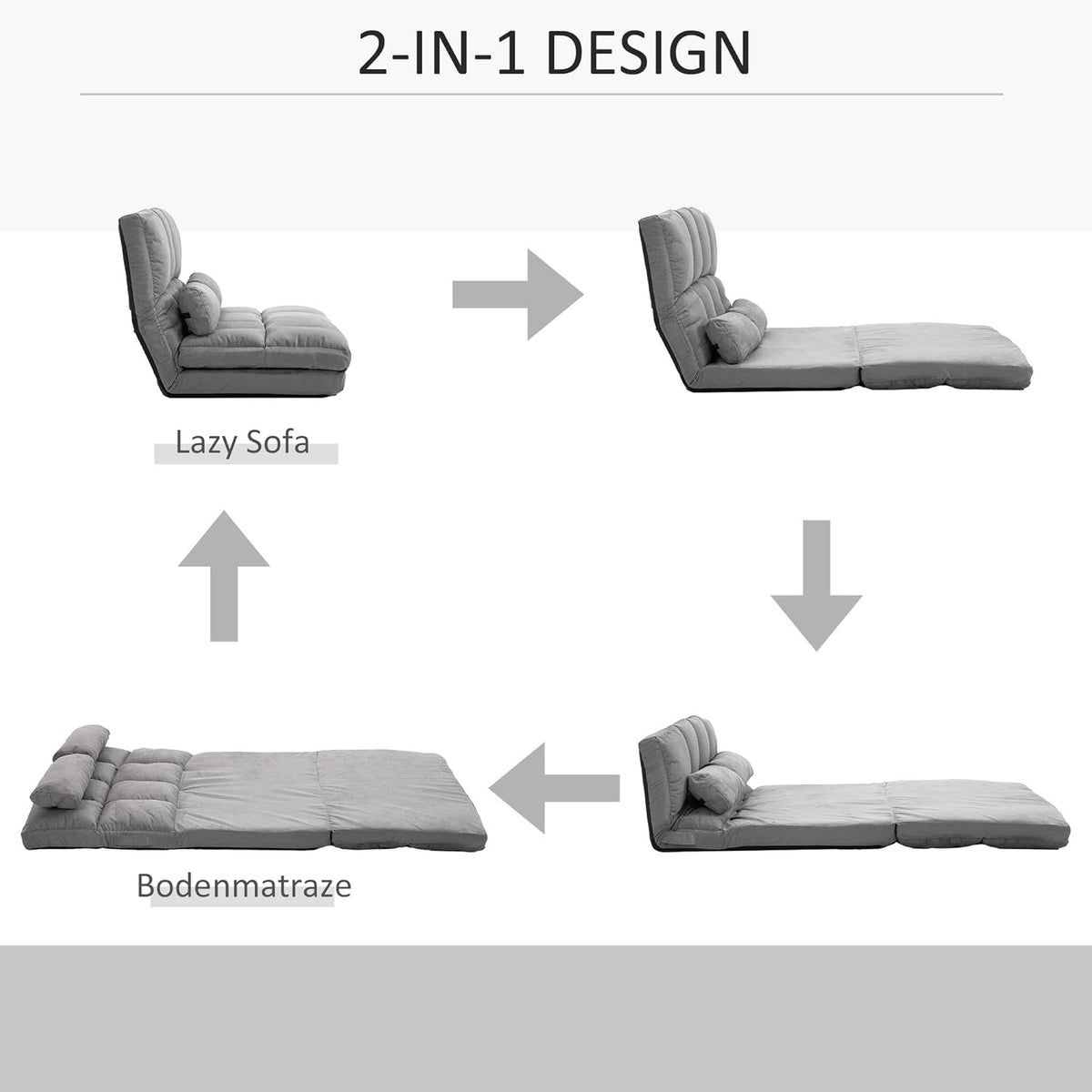 HOMCOM floor chair 2-in-1 floor chair bed with backrest 7 positions adjustable seat cushions light grey velvet steel 102 x 73 x 60 cm - QUORE