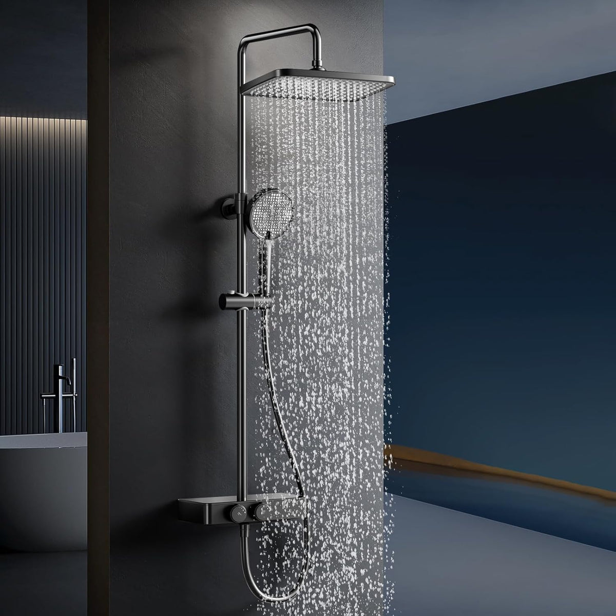 Douche Systeem – Thermostaatkraan – Regendouche – Handdouche – Douche Set – Matzwart – Constante Watertemperatuur 38°C – Verstelbare Draaibare Regendouche 360°