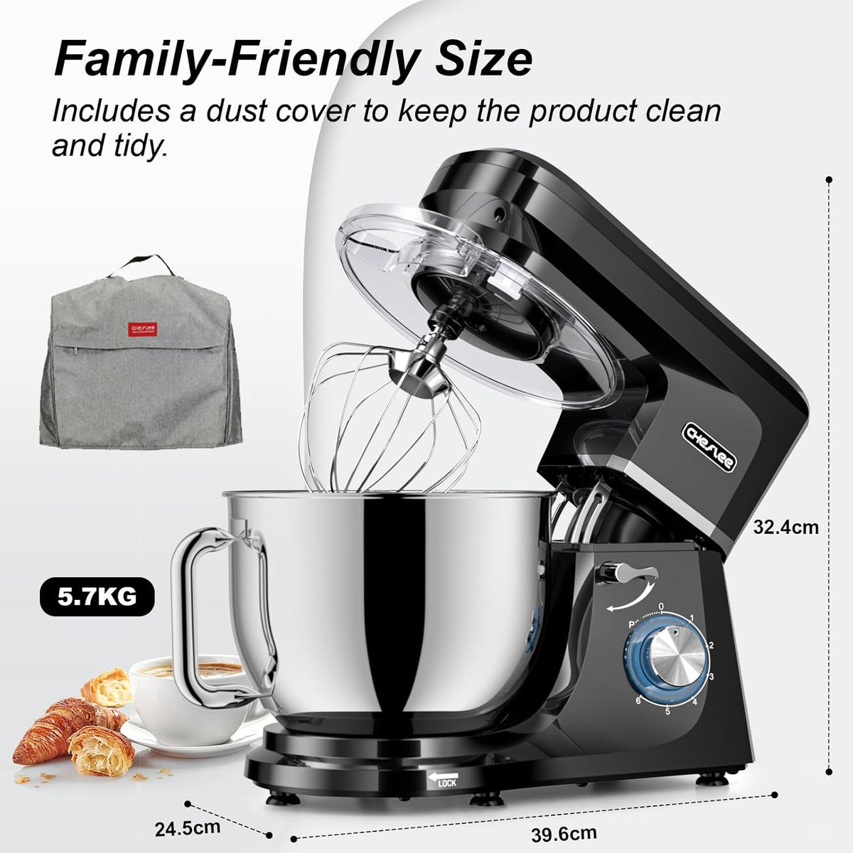 CHeflee Professionele planetaire mixer 6+P Speed Elektrische Mixer Multifunctionele Elektrische Keukenmachine met 6 Accessoires voor Deeg, Crème, Cake, Pizza (zwart)