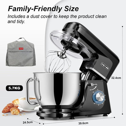 CHeflee Professionele planetaire mixer 6+P Speed Elektrische Mixer Multifunctionele Elektrische Keukenmachine met 6 Accessoires voor Deeg, Crème, Cake, Pizza (zwart)