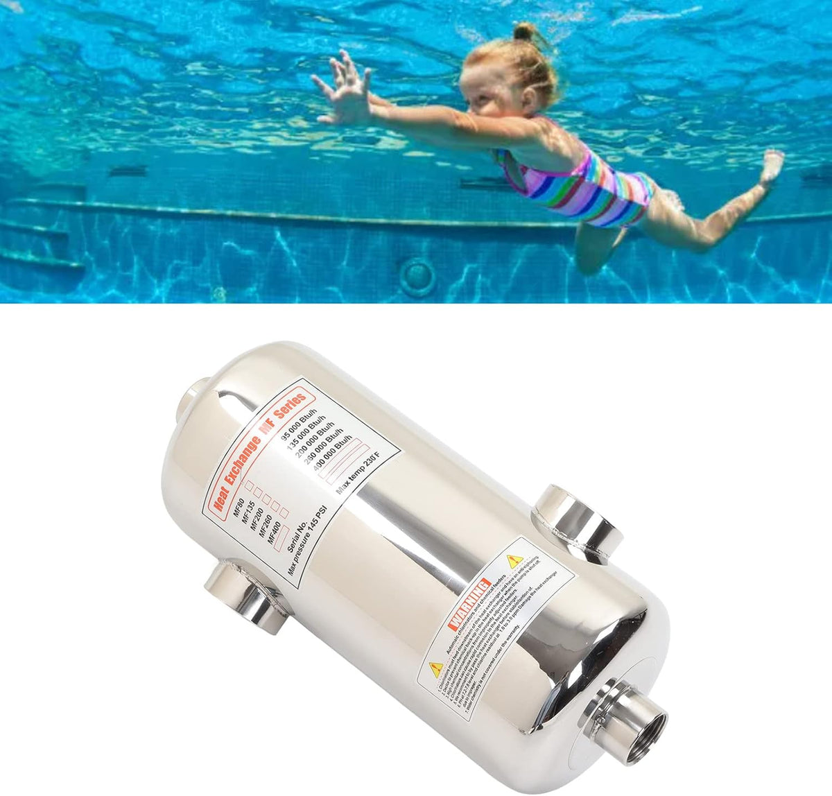 Warmtewisselaar voor Zwembad, 40KW Roestvrijstalen Buiswarmtewisselaar, Zoutwaterwarmtewisselaar voor Spa, Zwembad, Bubbelbad, Zwembadverwarming op Zonne-energie