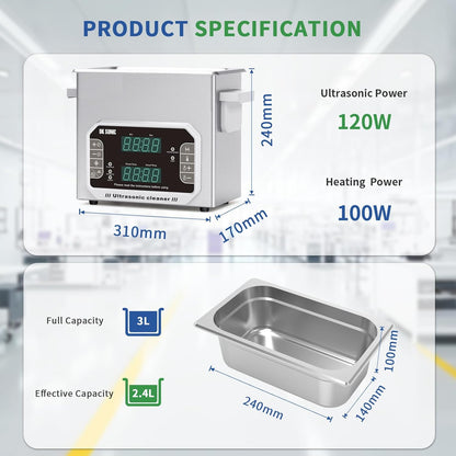 DK SONIC Professionele Ultrasone Cleaner 3L, 120W Precisie Ultrasone Sieraden Cleaner met Timer, Verwarming & Aanraakbediening, Multi-Toepassing voor Brillen, Kettingen, Horloges (Inclusief Mand)