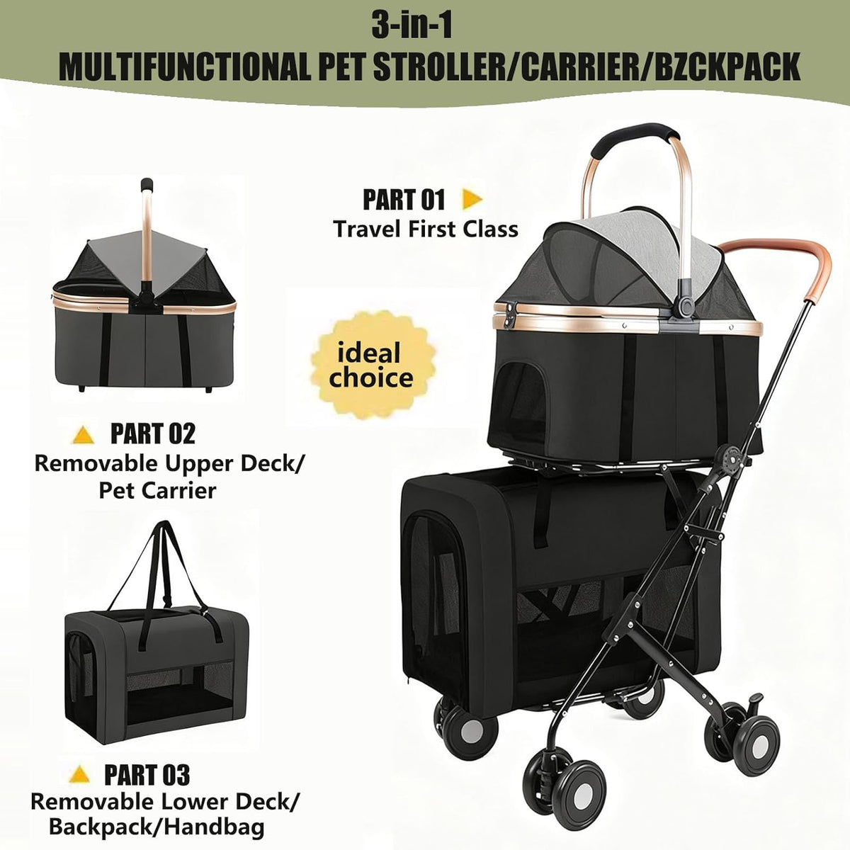 Hondenwandelwagen 2 lagen, opvouwbare huisdierbuggy voor kleine en middelgrote honden 10 kg, katten honden kinderwagen met veiligheidsgordel, ademend mesh 4 wielen, huisdierenwagen, reiskinderwagens