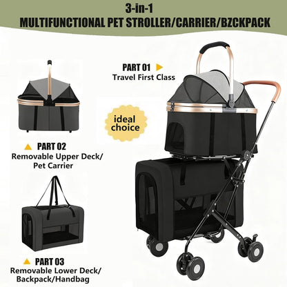 Hondenwandelwagen 2 lagen, opvouwbare huisdierbuggy voor kleine en middelgrote honden 10 kg, katten honden kinderwagen met veiligheidsgordel, ademend mesh 4 wielen, huisdierenwagen, reiskinderwagens