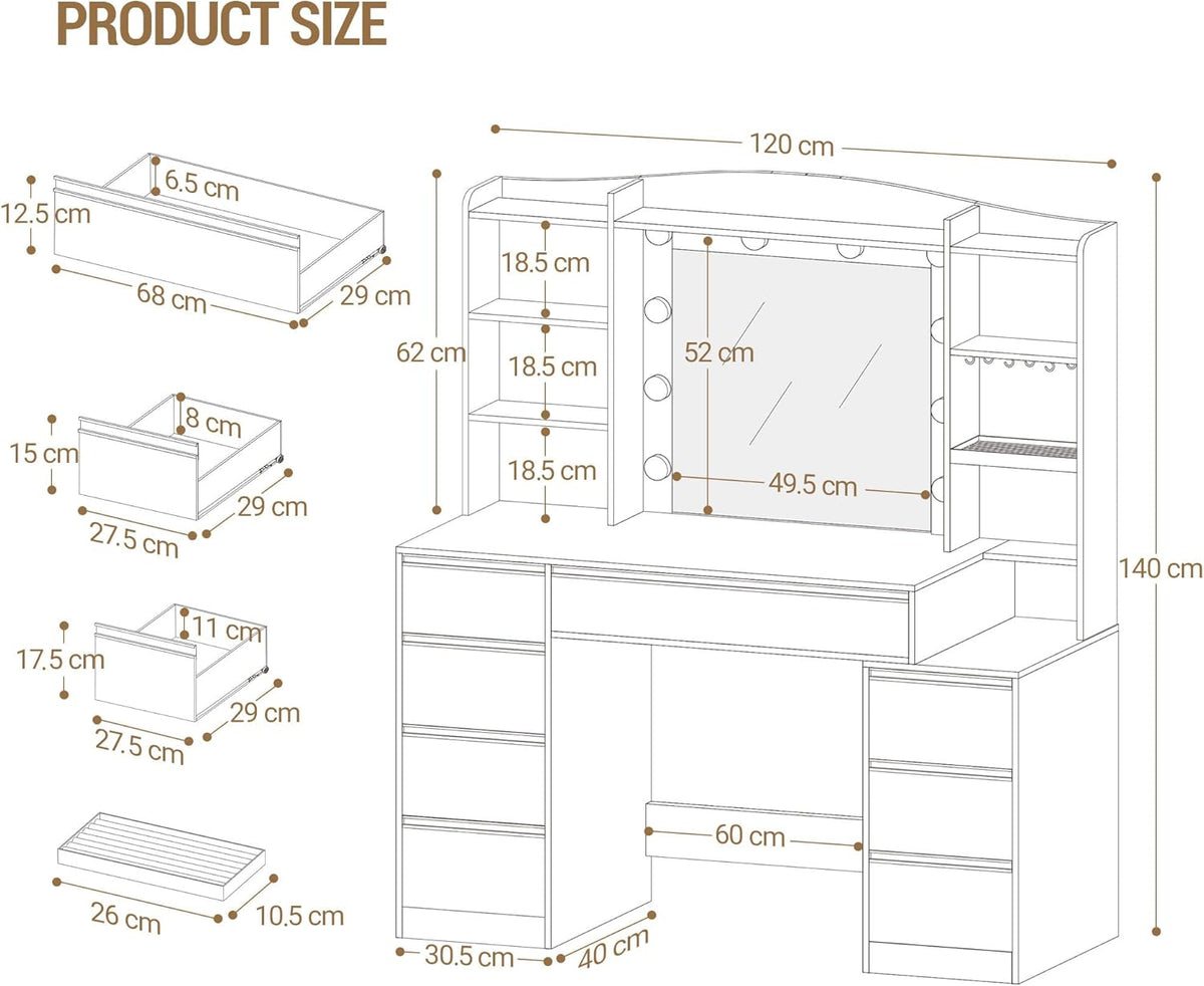 Hzuaneri Makeup table with 8 drawers, large mirror with RGB LED lighting, integrated jewellery shelf, 100 cm wide worktop with bedside table, white DT41103XEU