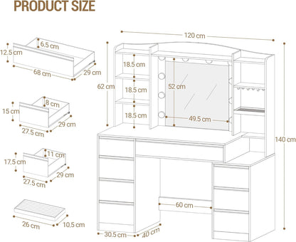 Hzuaneri Makeup table with 8 drawers, large mirror with RGB LED lighting, integrated jewellery shelf, 100 cm wide worktop with bedside table, white DT41103XEU
