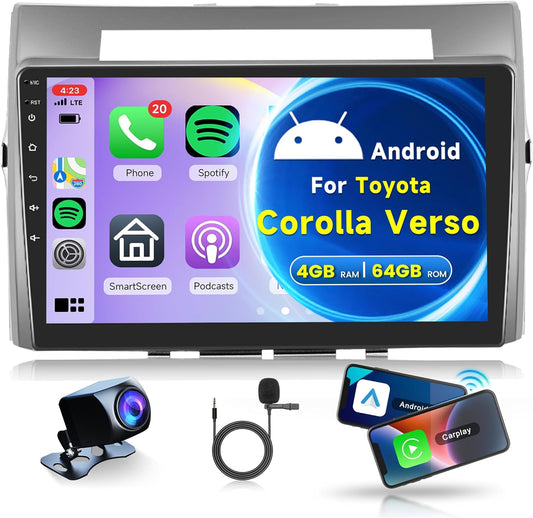 4G+64G Wireless CarPlay Android 13 Car Radio 2 Din for Toyota Corolla Verso 2004-2009 with Wireless Android Car Navi GPS WiFi 9 inch Car Radio with Mirror Link Bluetooth FM/RDS 32EQ SWC - QUORE