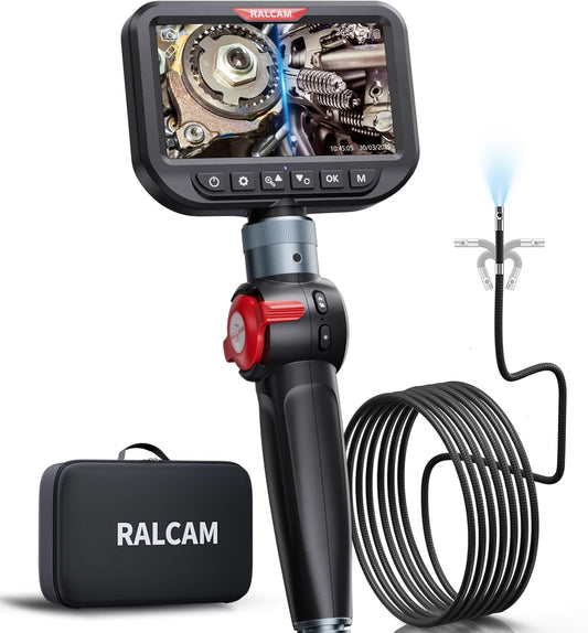 Ralcam Endoscoopcamera met licht, endoscoopcamera met 180° beweegbare kop, 8,5 mm dual-sonde, 5 inch HD-display, inspectiecamera, IP67 waterdicht, buiscamera met 3M halfharde kabel en 6+1 leds