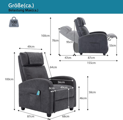 Recliner Chair Massage Heating Reclining Function, TV Chair Adjustable, Massage Chair with Remote Control, Recliner Fabric, Grey - QUORE