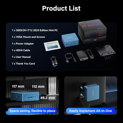 GEEKOM IT12 2026 Edition Mini PC, met Intel Core i7-1280P, 16GB RAM, 1TB SSD, Windows 11 Pro, 3 Jaar Ondersteuning, Iris Xe GPU, Compact Desktop PC met 2x USB4, 4K Quad Display, SD-Kaartlezer