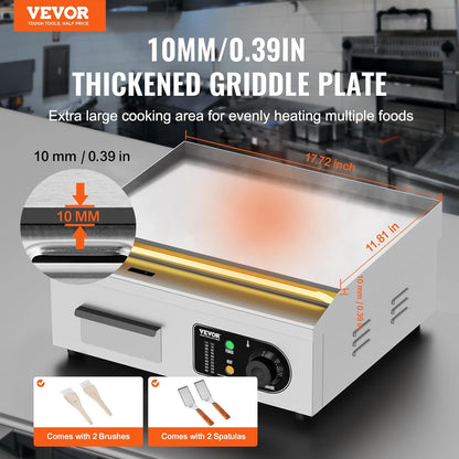 VEVOR Elektrische grillplaat, 2800 W, instelbare temperatuur 50-300 °C, plaat van roestvrij staal 45 x 30 x 1 cm, met 2 vleugels en 2 borstels voor thuis of restaurant