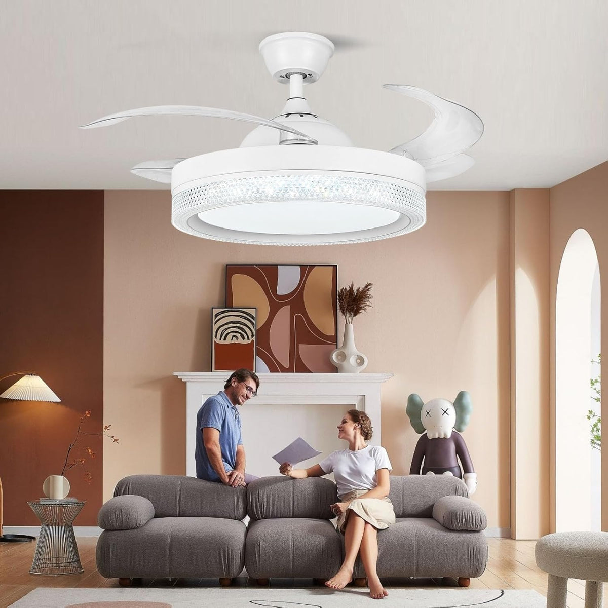 Horevo Plafondventilator met LED-verlichting Intrekbare plafondventilator met afstandsbediening, 42-inch onzichtbare bladen verborgen ventilator, ingebouwde dimbare plafondlamp en Bluetooth-luidspreker voor slaapkamer Woonkamer Eetkamer