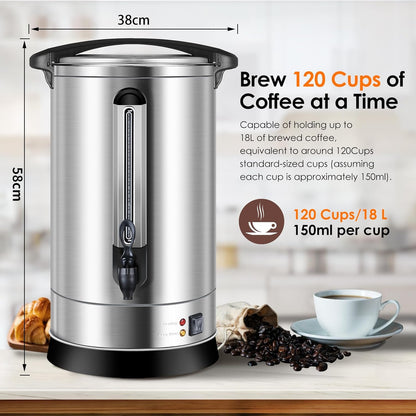 Homtone Gastro Koffiezetapparaat met rond filter, 120 kopjes/18 l, dubbelwandig, groot, roestvrij staal, industrieel koffiezetapparaat met tapkraan, voor feest, warmwaterdispenser voor koffie, thee