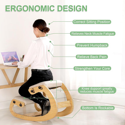 Predawn Ergonomische kniestoel voor rechte houding, kniekruk voor thuis, kantoor en meditatie, hout en linnen kussen (wit eiken)
