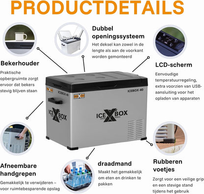 ICEBOX 40 68061 Elektrische koelbox en vriesbox, 40 l, compressor, voor camping, auto, bestelwagen, boten, met app-bediening, koelvermogen tot -20 °C, 230 V/12 V/24 V, 65 x 37,5 x 42,7 cm