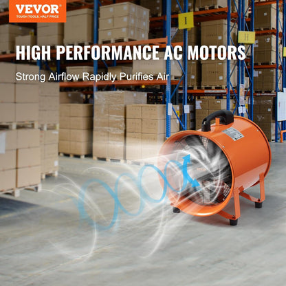 VEVOR Construction fan, 145 W AC motor, construction fan, 2900 rpm, 1020 CFM (1733 m3/h), axial fan with 8 m hose, axial fan, 79 dB, noise level, industrial fan
