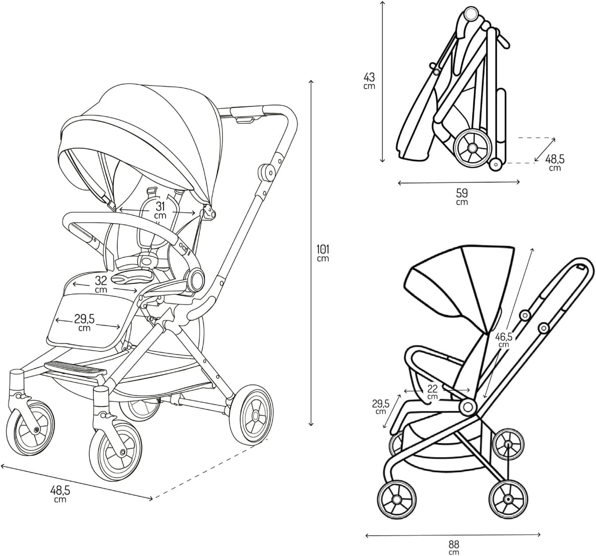 MoMi ADELLE kinderwagen voor kinderen vanaf 6 maanden (tot 22 kg), opvouwbare kinderwagen met 360° zitting en 5-punts veiligheidsgordel, boodschappenmand en draaggreep na het opvouwen