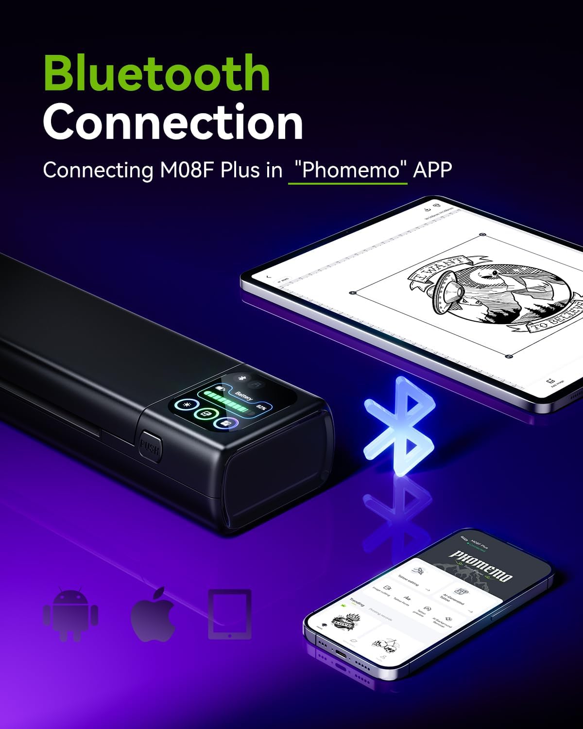 Phomemo M08F Plus Tattoo Stencil Printer Touch Screen Thermal Printer Tattoo Bluetooth Professional Schablone Printer Copier with 10x Premium Transfer Paper - QUORE