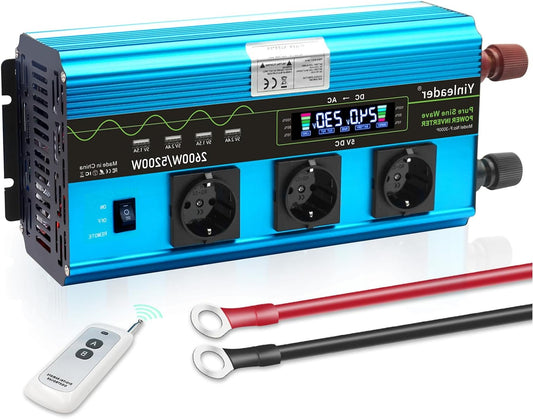 Yinleader Inverter 2600 W/5200 W pure sine wave voltage converter 24 V 230 V with 3 European sockets and 4 USB ports LCD display for voltage - QUORE