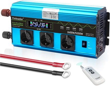 Yinleader Omvormer 2600 W/5200 W zuivere sinus spanningsomvormer 24 V 230 V met 3 Europese stopcontacten en 4 USB-poorten LCD-display voor de spanning