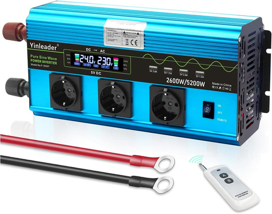 Yinleader Omvormer 2600 W/5200 W zuivere sinus spanningsomvormer 24 V 230 V met 3 Europese stopcontacten en 4 USB-poorten LCD-display voor de spanning