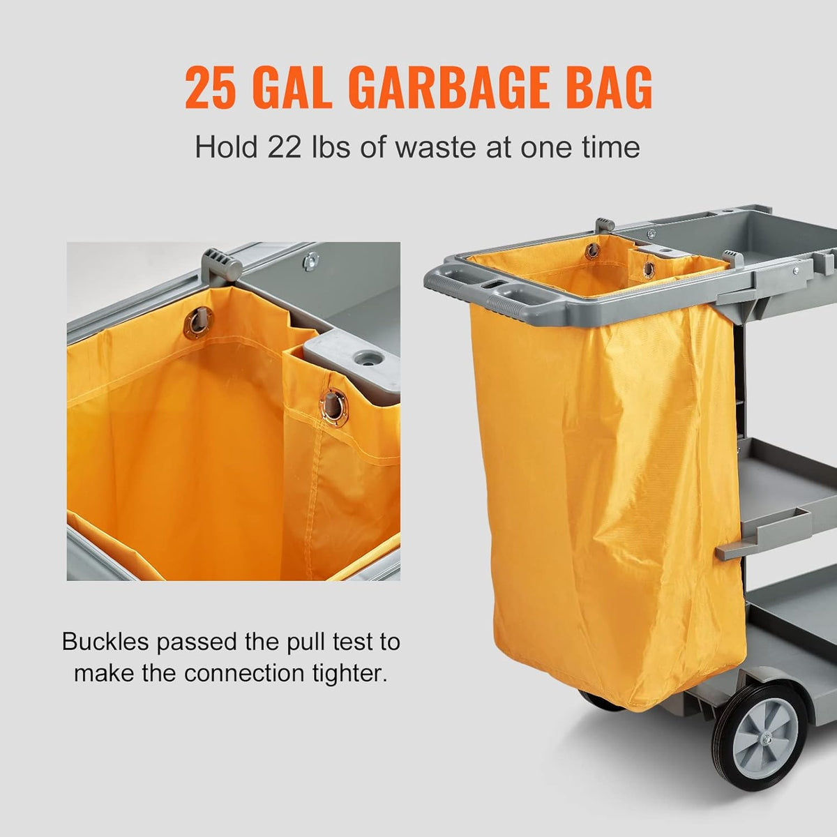VEVOR Professional Household Cart, 3 Floors, Cleaning Trolley, Polypropylene Washing with PVC Bag, Maintenance Car, Load, 90.7 kg, Liquid Movement, Storage, Maintenance Tools, Office, Hotel, Grey