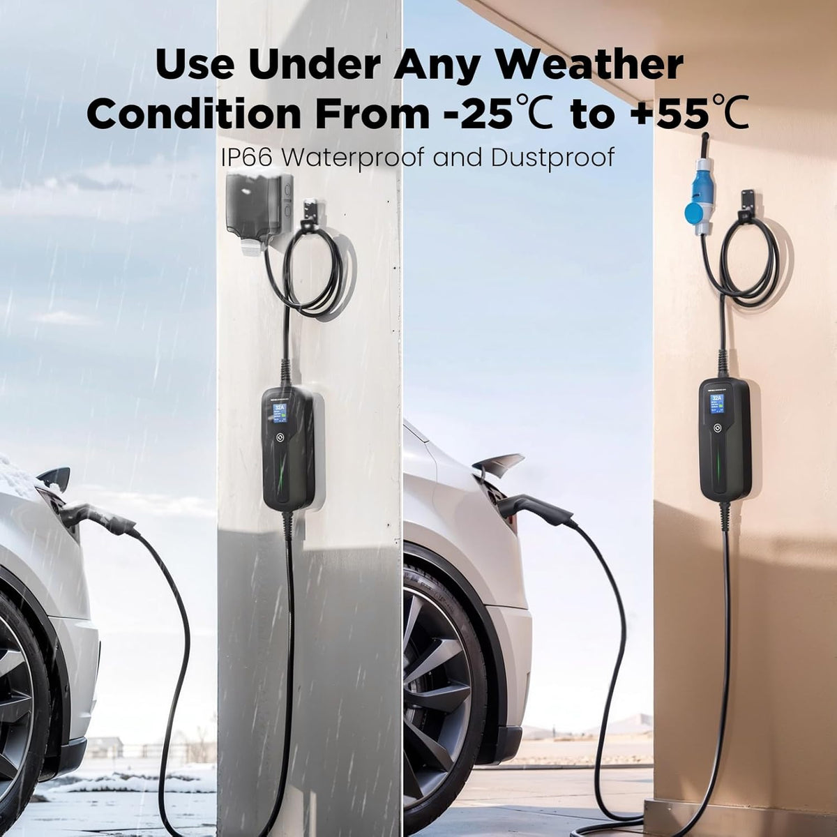 Morec Type 2 EV oplader, CEE-stekker, schakelbare oplaadkabel 16/24/32 A met scherm, draagbaar EV laadstation, IEC 62196-2, laadbox voor elektrische auto, EVSE (Europese stekker) 6 m