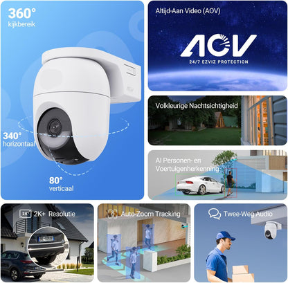 Beveiligingscamera Buiten - WiFi-bewakingscamera - Camerabewaking - Ddraadloos - Batterijen - Automatische Tracking - AI-Detectie - Personen - Voertuigen - AOV-Modus - Kleurennachtzicht - Tweerichtingsaudio - WiFi 6 - Wit