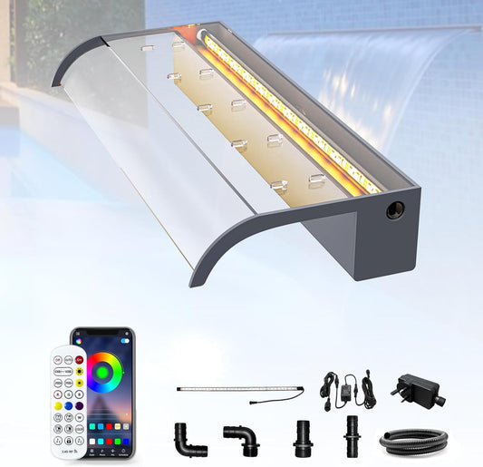 Longrun 60 cm vijverwaterval Blad Kit, Acryl Gebogen Waterval Functie Overloop, Buitenzwembadfontein met 7 Kleuren Bluetooth LED Lichten en Afstandsbediening, Breedte 26 cm