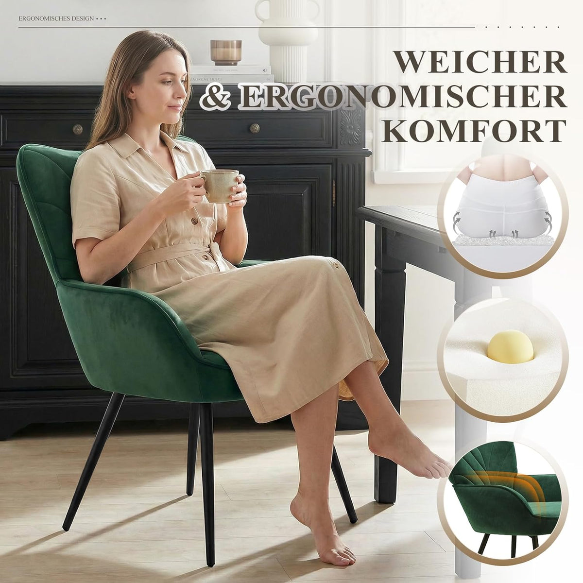 COLAMY Woonkamerstoel, fluwelen beklede relaxstoel met hoge rugleuning, gevoerde comfortstoel met Wingback-design, lounge stoel met houten poten voor woonkamer, leeshoek, groen