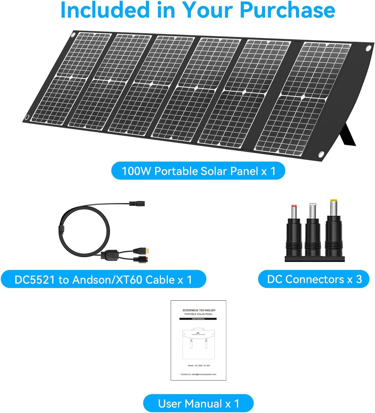 Ecosonique 100 W opvouwbare zonne-oplader, draagbare oplader op zonne-energie, snel opladen met USB-C PD3.0 USB-A QC3.0 DC 20 V, licht met standaard voor camping, stroomstation, zonne-generatoren