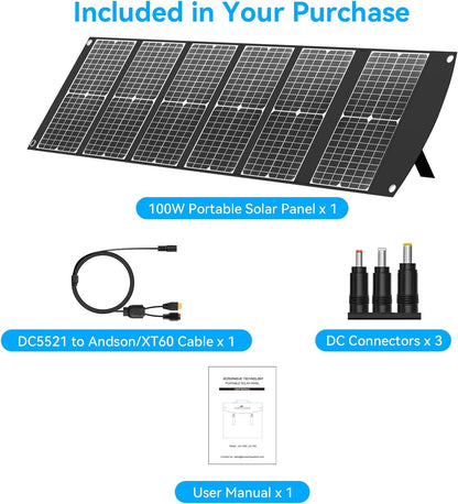Ecosonique 100 W opvouwbare zonne-oplader, draagbare oplader op zonne-energie, snel opladen met USB-C PD3.0 USB-A QC3.0 DC 20 V, licht met standaard voor camping, stroomstation, zonne-generatoren