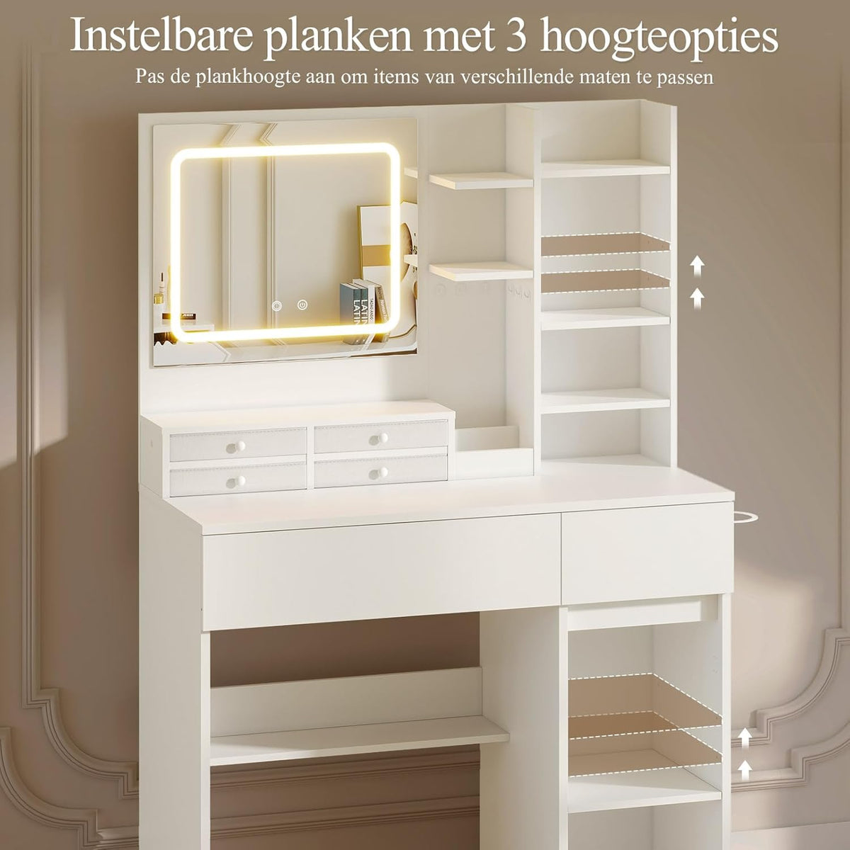 Make-up Tafel – Kaptafel – Toiletspiegel – Make-up Bureau – Make-up Spiegel – LED Spiegel Met 3 Kleurtemperaturen – Ingebouwde Stopcontacten Met 6 Lades