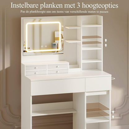 Make-up Tafel – Kaptafel – Toiletspiegel – Make-up Bureau – Make-up Spiegel – LED Spiegel Met 3 Kleurtemperaturen – Ingebouwde Stopcontacten Met 6 Lades